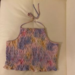 American Eagle XL fits TTS, ruched crop top, pink purple yellow pastel tie dye